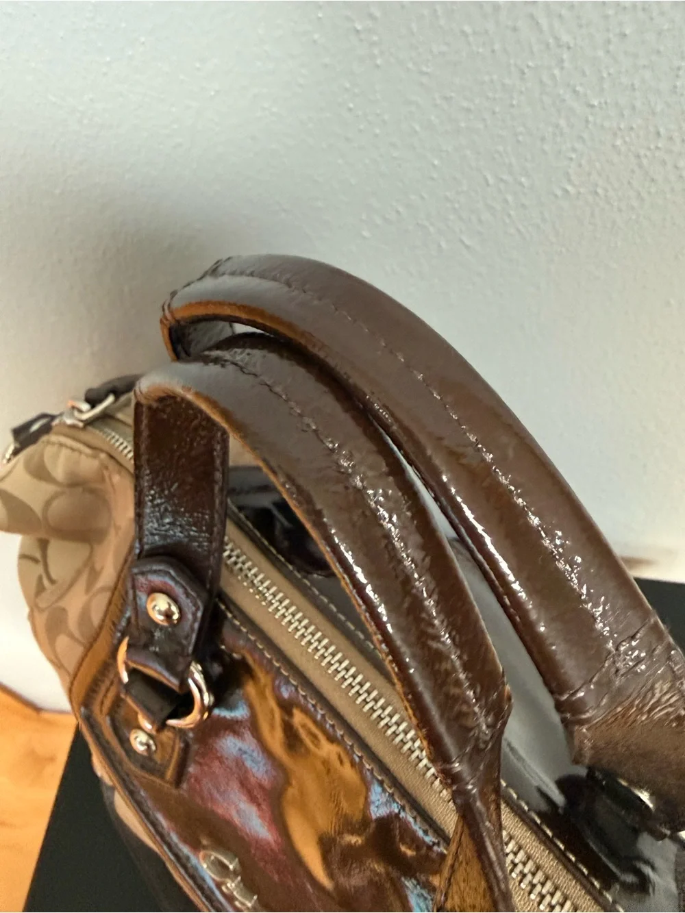 Coach Two-Tone Signature Satchel in Brown and Tan